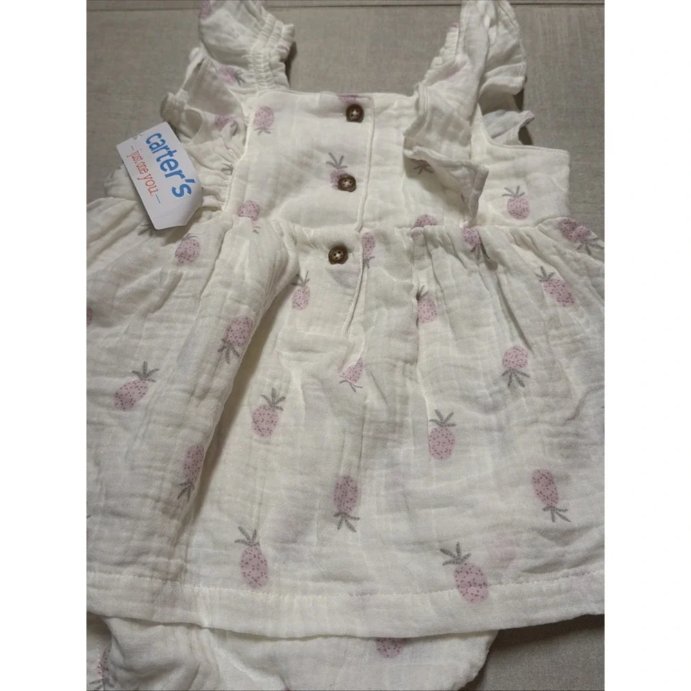 NWT Carter's Girls 24M White Muslin Cotton Pineapple 1pc Dress & Bodysuit Set